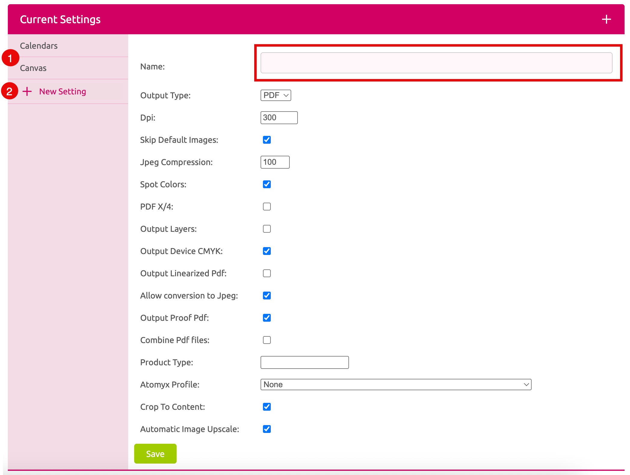 Current Print Settings