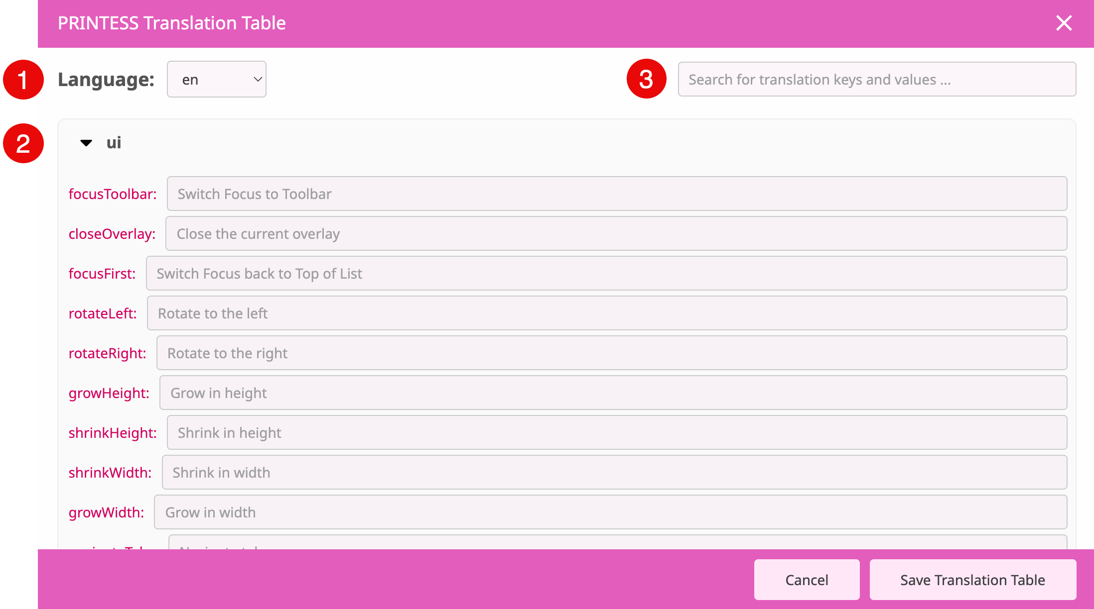 Translation Table Printess namespaces