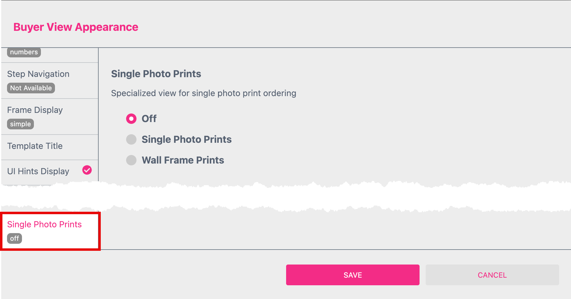 Single Photo Prints Tab