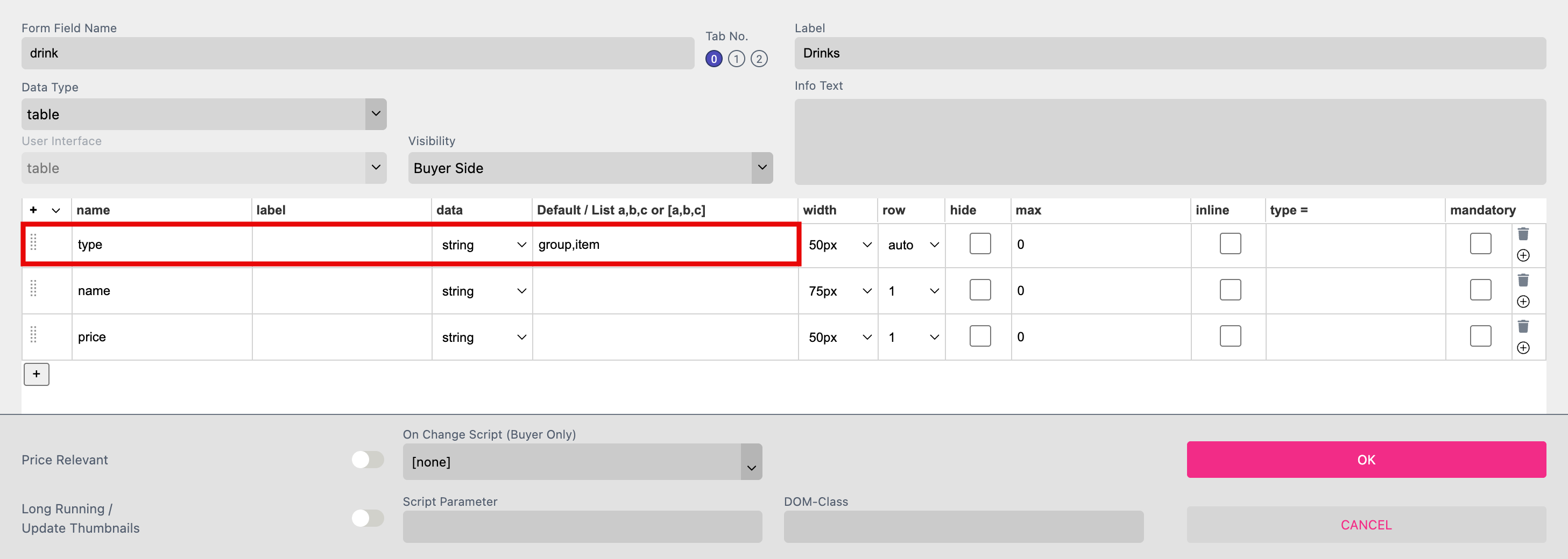 Example Table Form Field Drinks