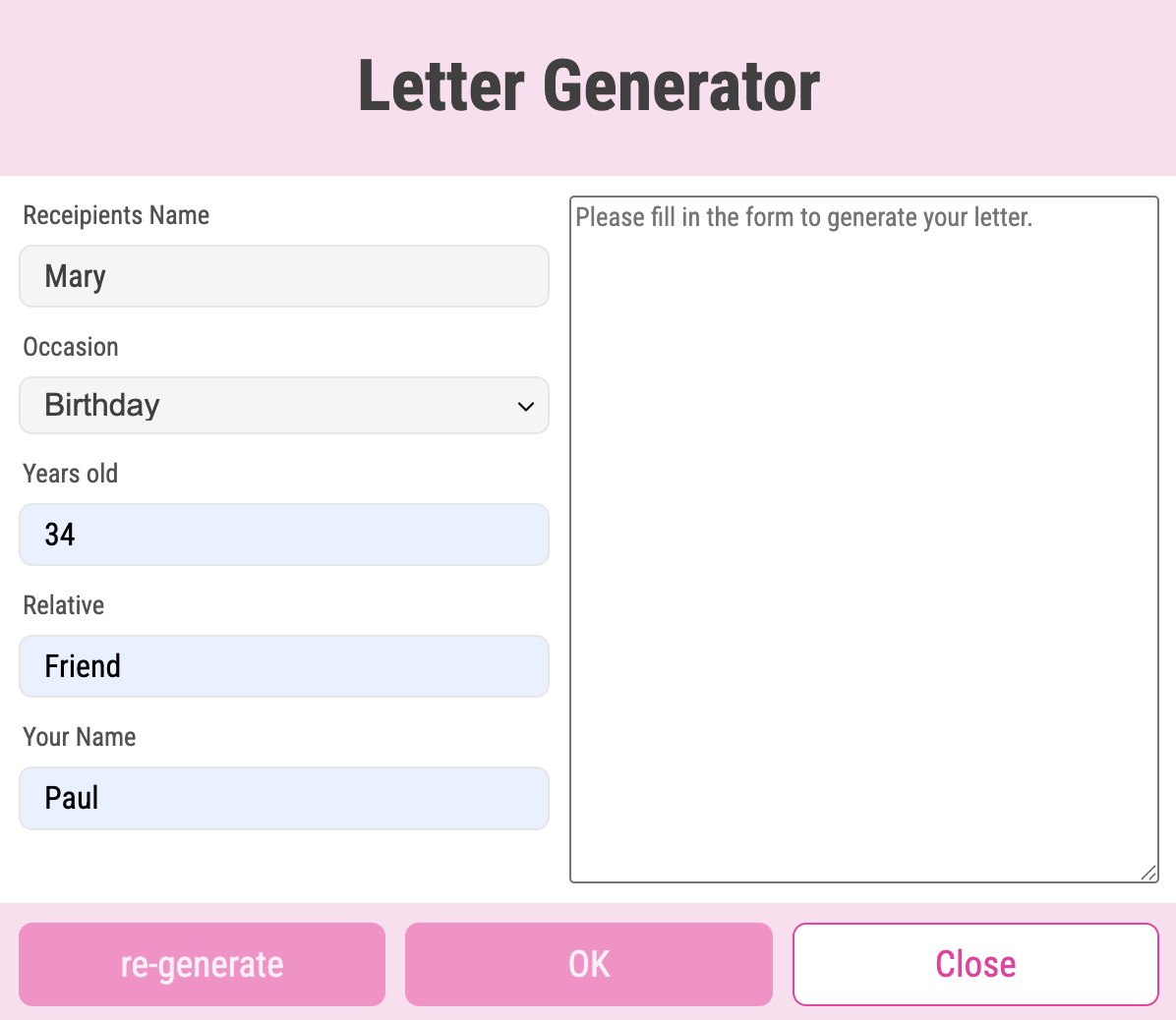 AI Letter Generator Window