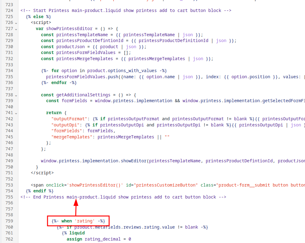 Location where to put the Printess main-product.liquid show printess add to cart button block