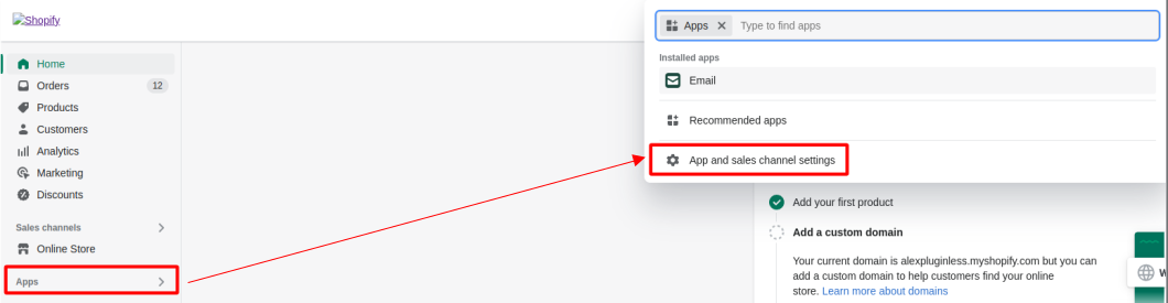 Location of the app and sales channels settings