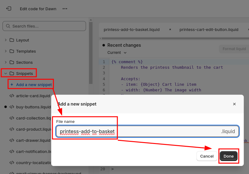 Screenshot of the create new snippet dialog