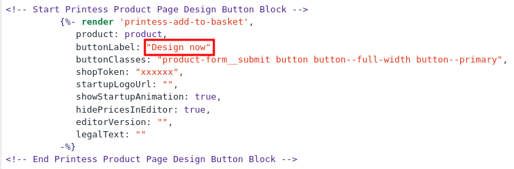 Screenshot of the printess render block for the button label