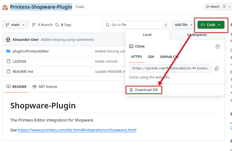 Screenshot of the github download zip file link