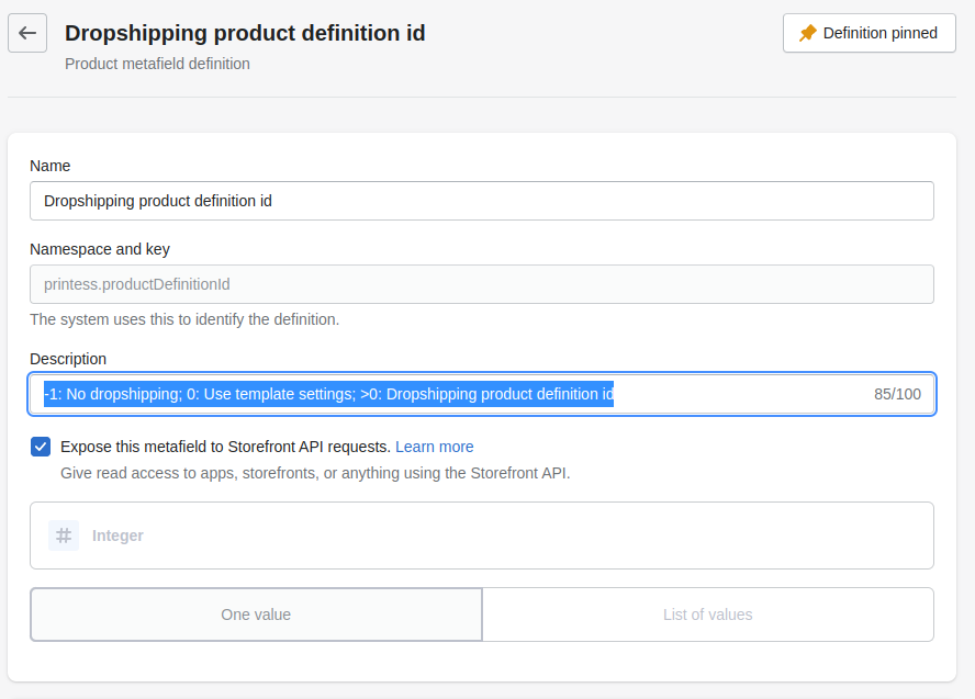 Screenshot of the product definition id meta field configuration for drop shipping