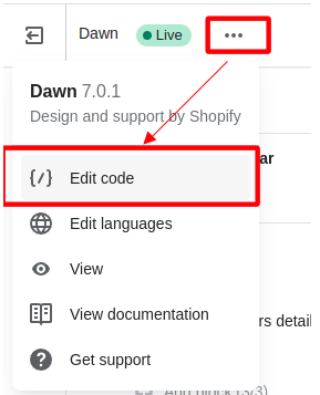 Location of the edit theme code menu entry