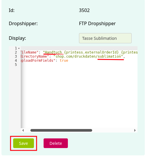 Screenshot of the adjusted file name and directory and the Save button
