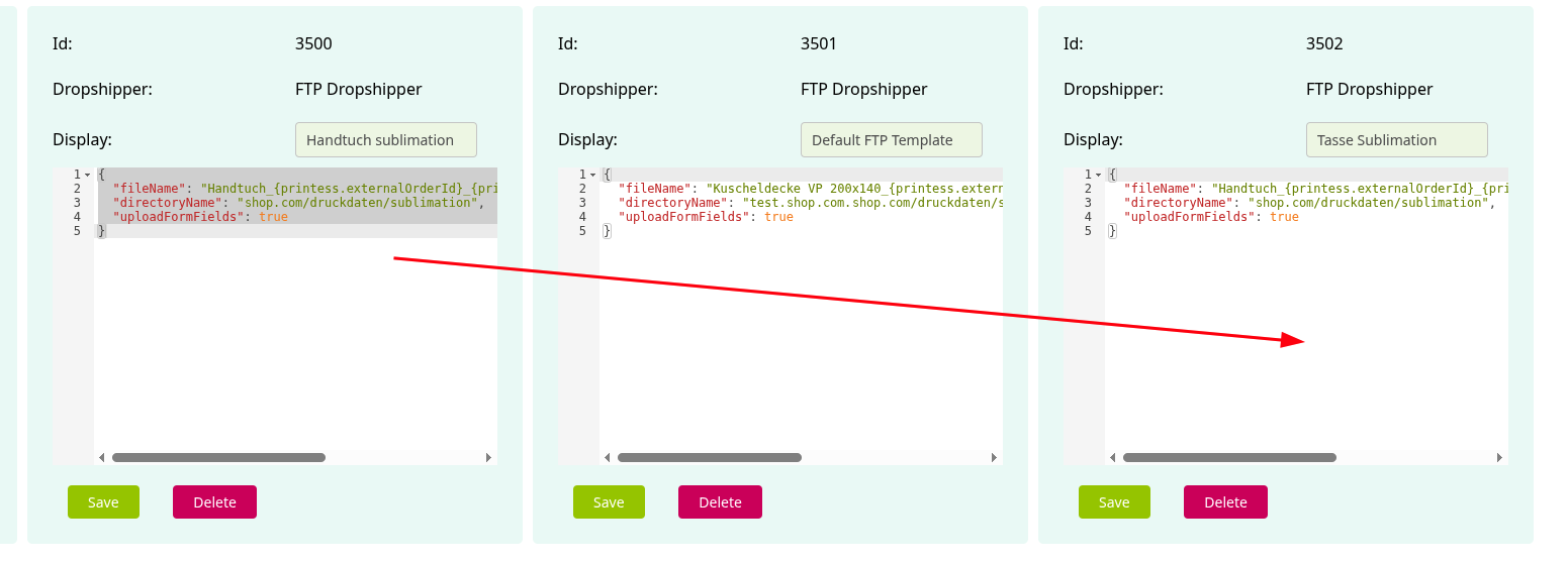 Screenshot of a configuration copied from an existing product definition
