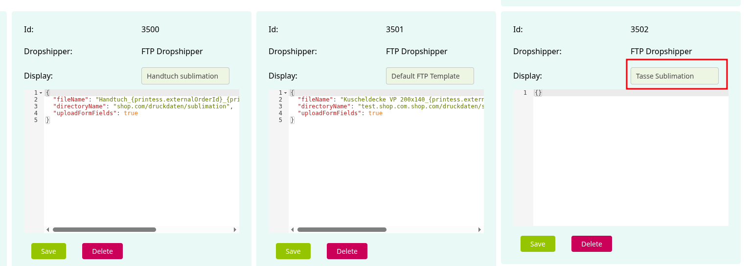 Screenshot of a new product definition with a changed display name