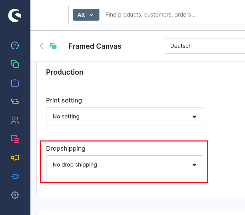 Screenshot of the Dropshipping setting in the Production section