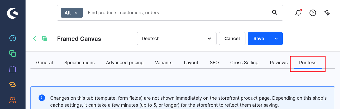 Screenshot of the Printess tab on the product page in Shopware