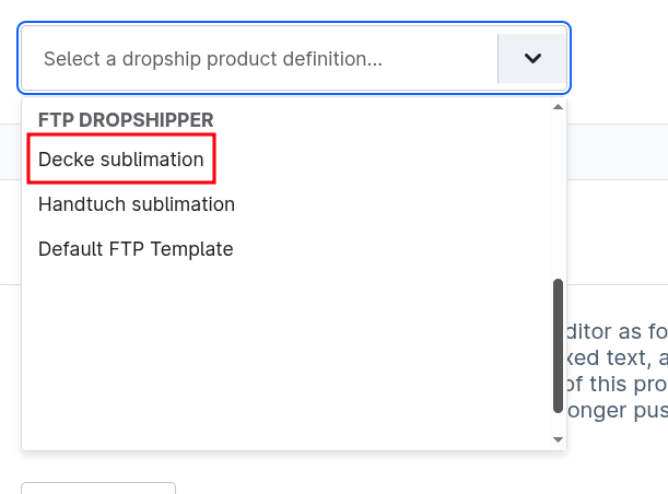 Screenshot of the list of product definitions of the FTP dropshipper