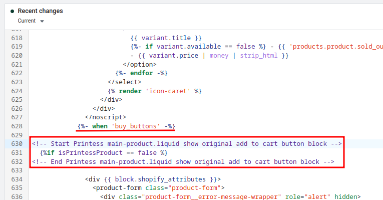 Location where to put the Printess main-product.liquid show original add to cart button block
