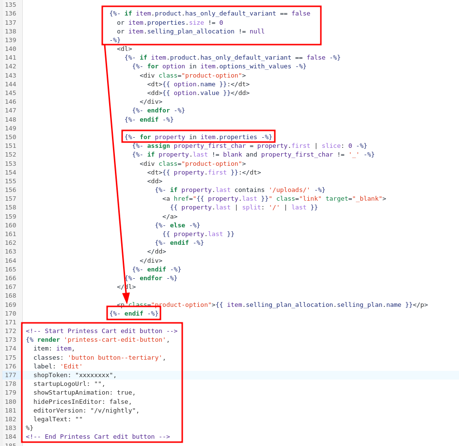 Screenshot of the printess cart edit button code