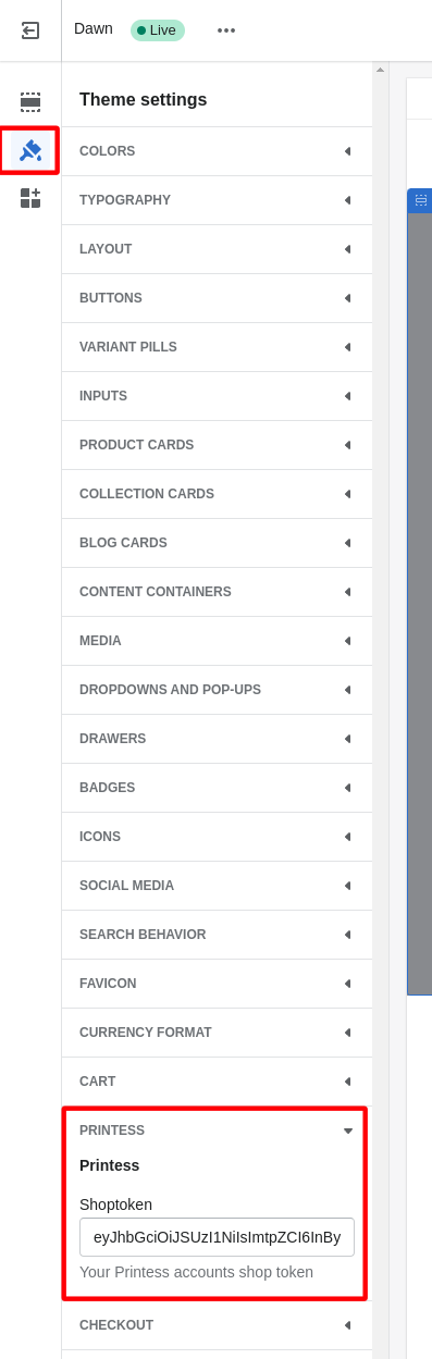 Screenshot of the UI for the added shop token configuration