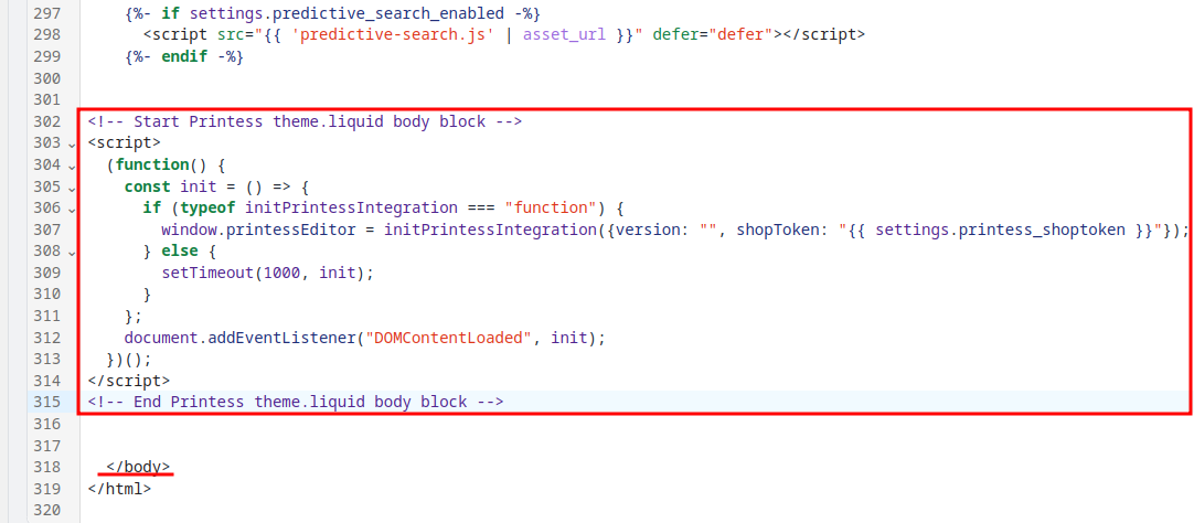 Screenshot of the pasted content of the Printess theme.liquid body block