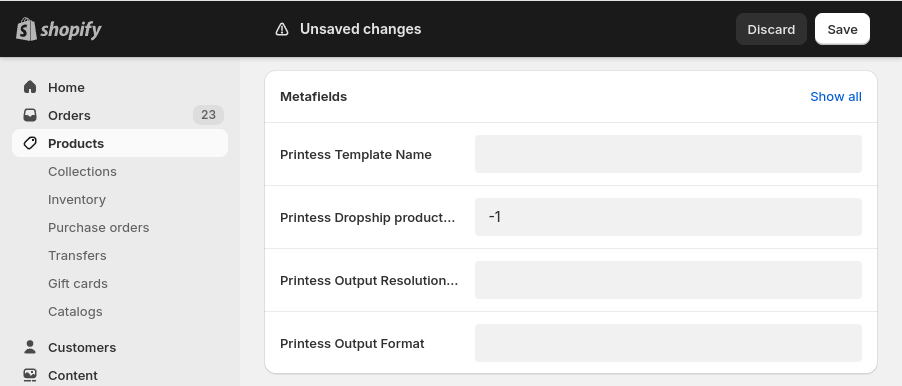 Screenshot of meta field configuration for printess products.