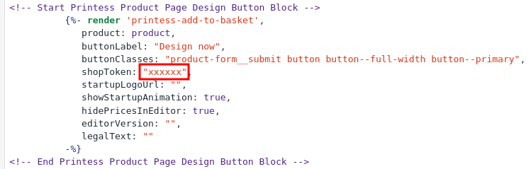 Screenshot of the printess render block for the shop token