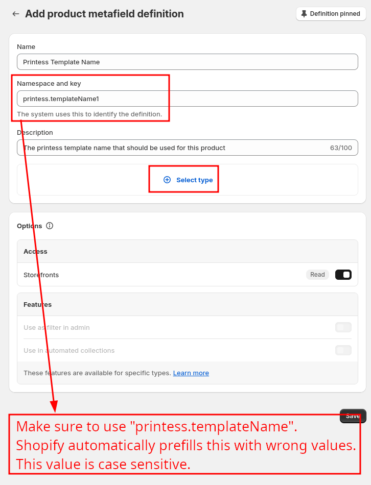 Location of the select content type setting