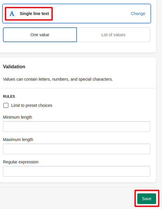 Configured data type and save button location