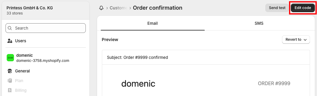 Order email go to code