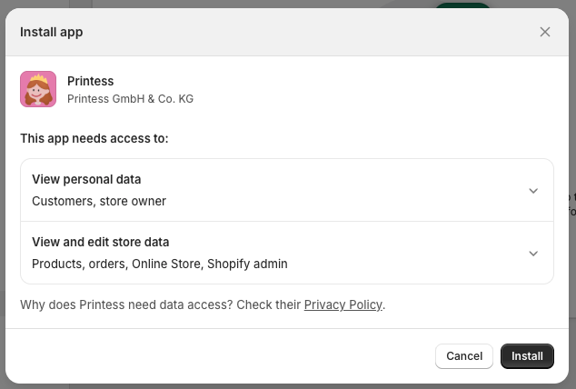 Installing Printess confirmation
