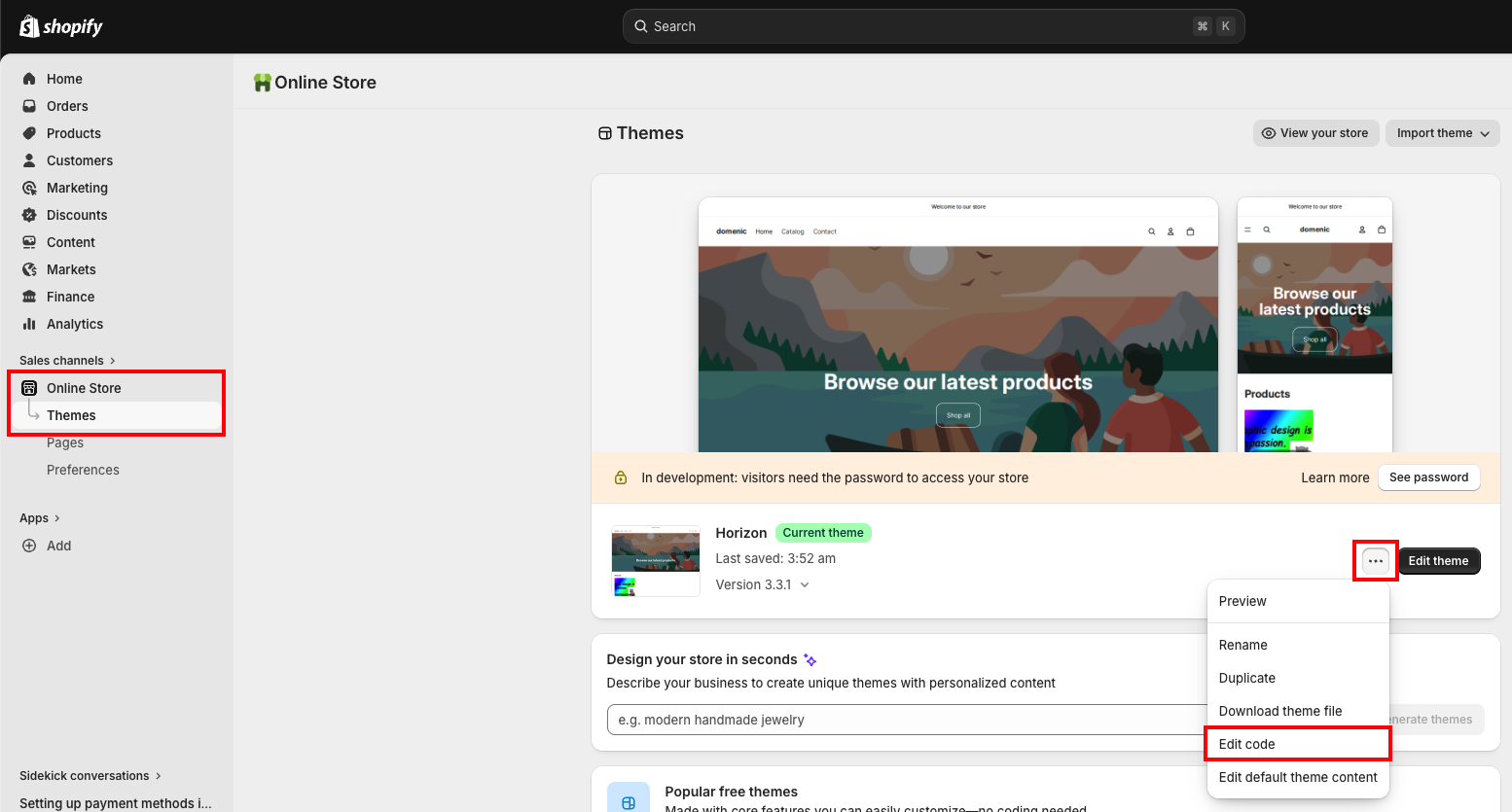 Navigating to the theme editor
