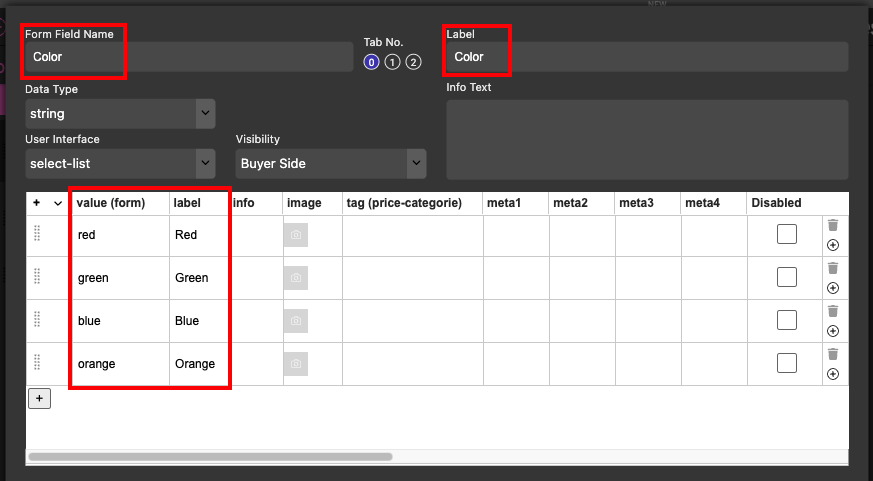 Screenshot of the Printess Color form field configuration