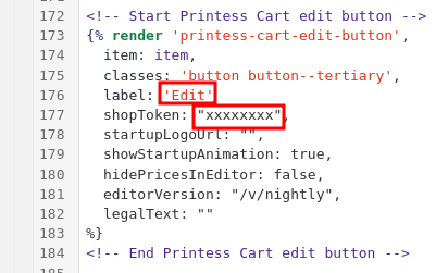 Screenshot of the printess cart edit button code