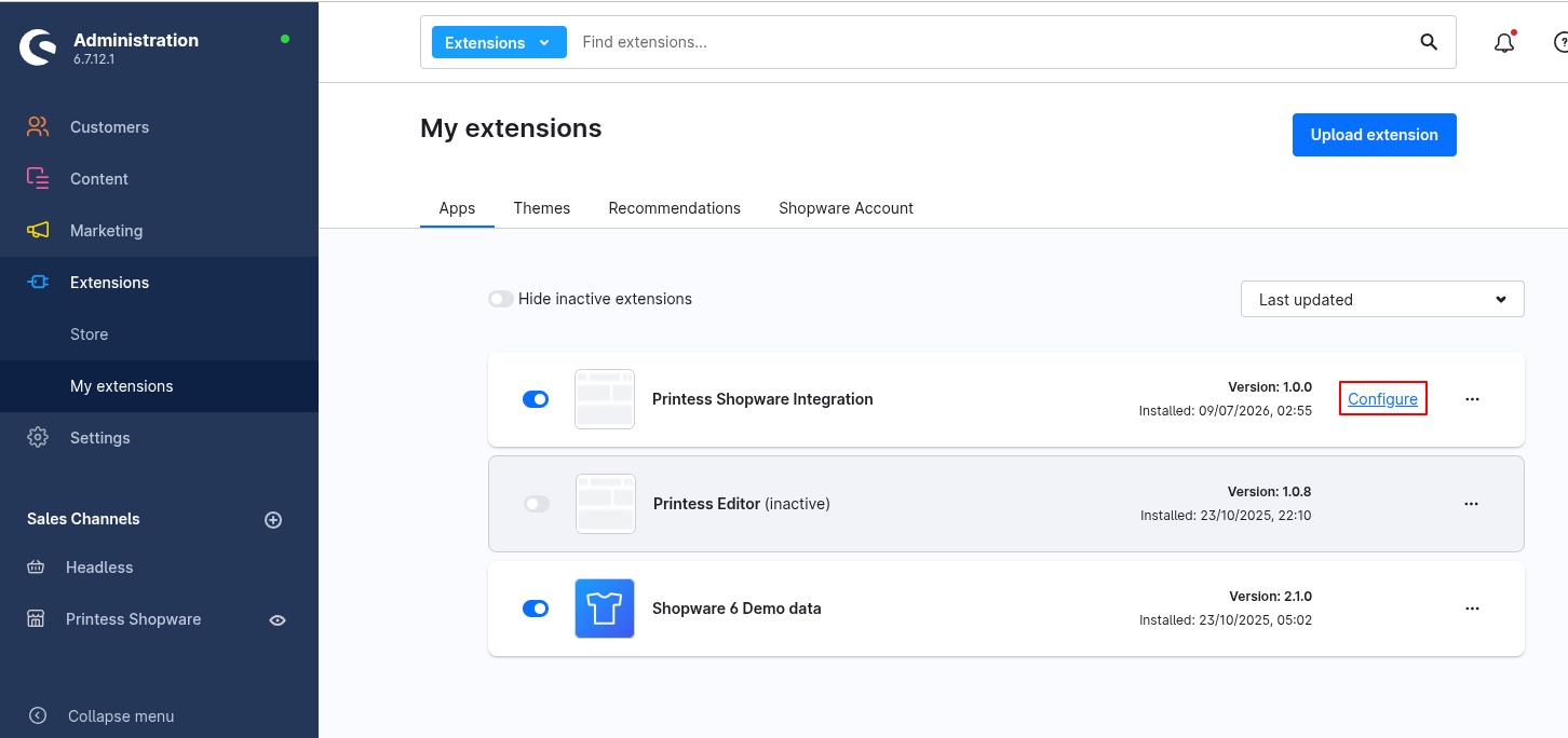 Configure Button on the Extensions overview