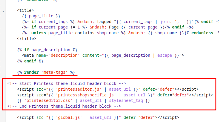 Screenshot of the pasted content of the Printess theme.liquid header block