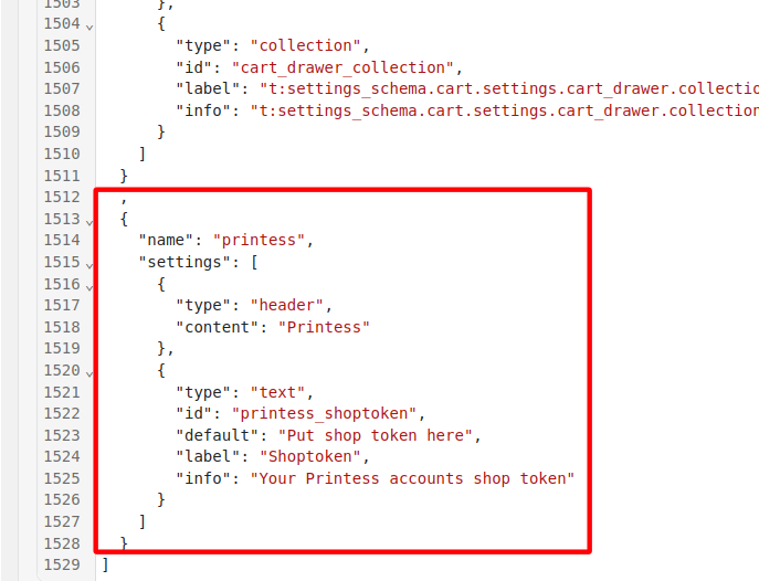 Screenshot of the modified settings_schema.json