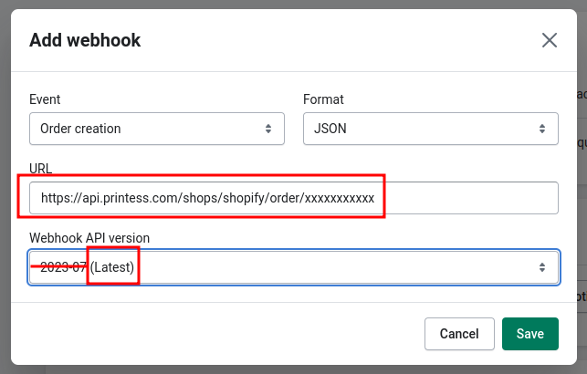 Order creation web hook settings